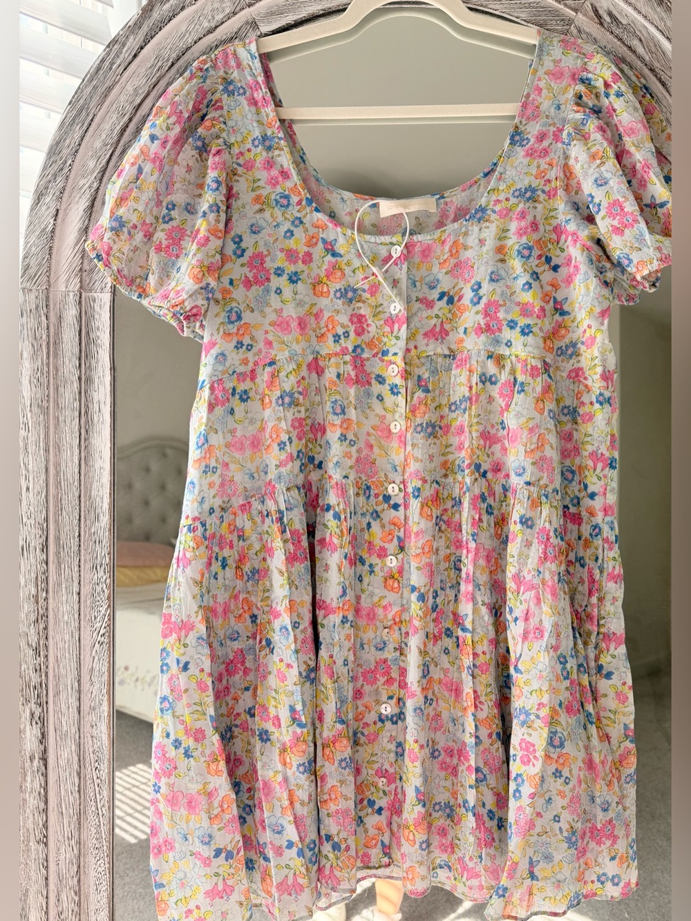 LoveShackFancy Women's Runa Floral Printed Tiered Cotton Mini Short Dress Size L - Picture 4 of 9